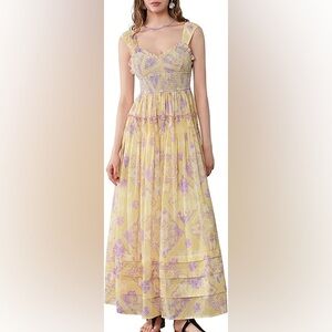 Boho Maxi Dress – Yellow & Lavender Floral Print, Size S